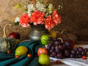 Fruits, Cloves, pumpkin, Vase, Flowers, Grapes, composition