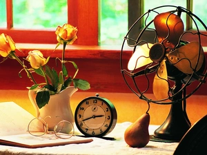 Watch, Book, Vase, ventilator, Flowers, Glasses