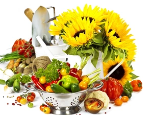 cucumbers, Nice sunflowers, pepper, composition, tomatoes, Bowl of Vegetables