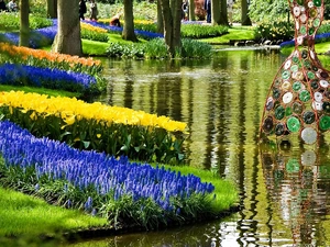 River, Spring, Flower, walkers, sculpture, Park