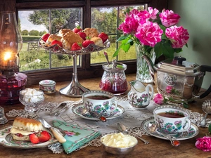 cake, Oil Lamp, Flowers, strawberries, Peonies, composition, tea, plateau, Window, cups, bouquet