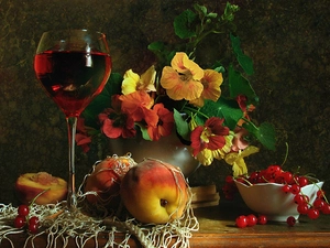 Wine, nasturtium, Fruits