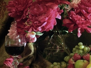 Wine, Peonies, Fruits