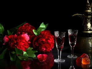 Wine, jug, Peonies, glasses, Red